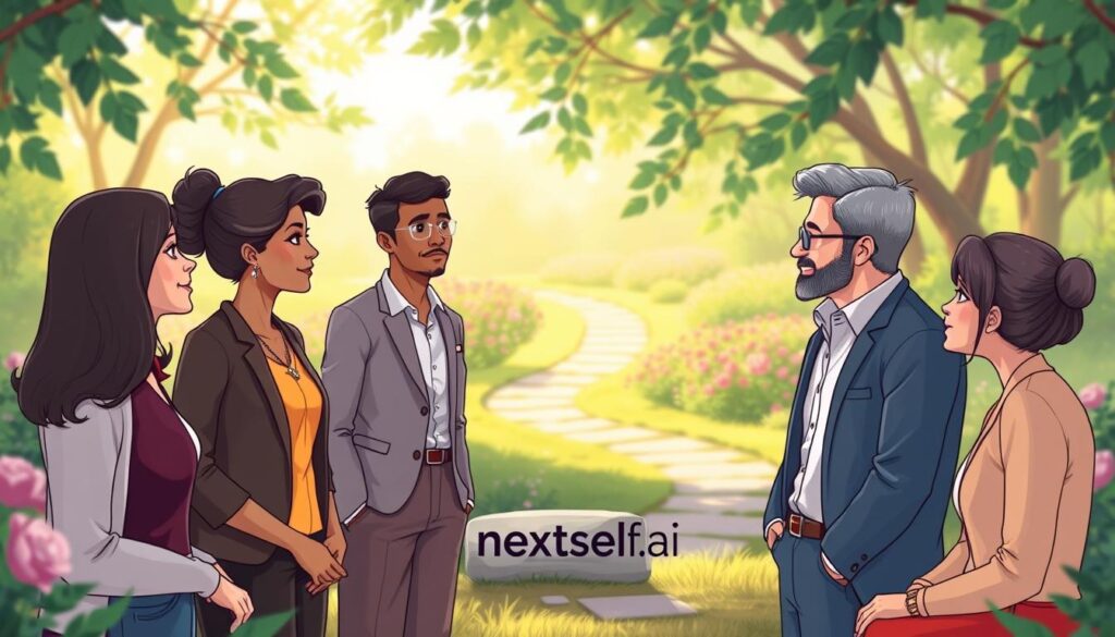A serene and uplifting scene depicting the concept of emotional growth. In the foreground, a diverse group of three adults—two women and one man—are engaged in a circle of conversation, wearing professional attire. Their expressions convey deep reflection and connection. In the middle background, a gentle, winding path leads to a lush, blooming garden symbolizing personal development and emotional flourishing. The background features soft-focus trees and sunlight filtering through leaves, creating a warm and inviting atmosphere. The lighting is soft and natural, enhancing feelings of hope and progress. The image captures the essence of emotional growth with a harmonious blend of connection and positive transformation. The brand "nextself.ai" subtly integrated into the scene, perhaps on a small stone marker beside the path, adds a touch of professionalism without overwhelming the composition.