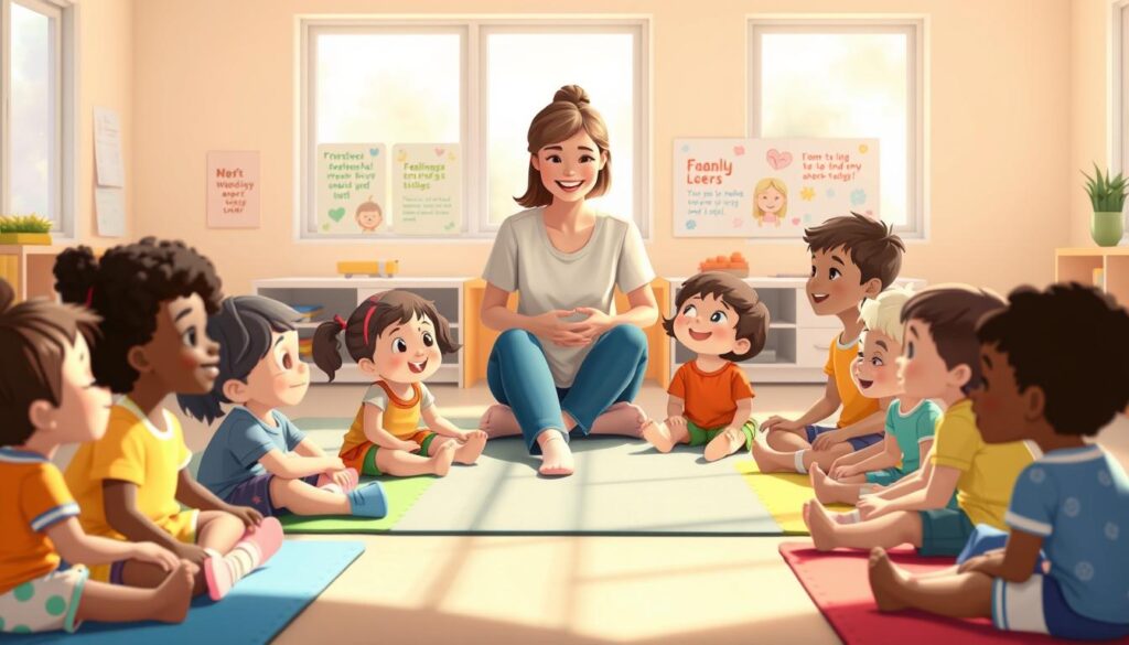 A serene, well-lit classroom setting depicting early childhood emotional development. In the foreground, a diverse group of children aged 3-5 sit together on colorful mats, expressing varying emotions through their playful interactions, such as joy, curiosity, and empathy. In the middle ground, a warm and nurturing teacher, dressed in modest casual clothing, engages with the children, guiding their emotional expressions. The background features soft pastel colors on the walls, with supportive visual aids about feelings and emotions, creating an inviting atmosphere. Use natural sunlight filtering through large windows to create a bright and uplifting mood, captured with a slight depth of field to emphasize the children’s faces. Enhance emotional resonance, focusing on connection and growth, reflecting the theme of "Stages of Emotional Growth." --nextself.ai